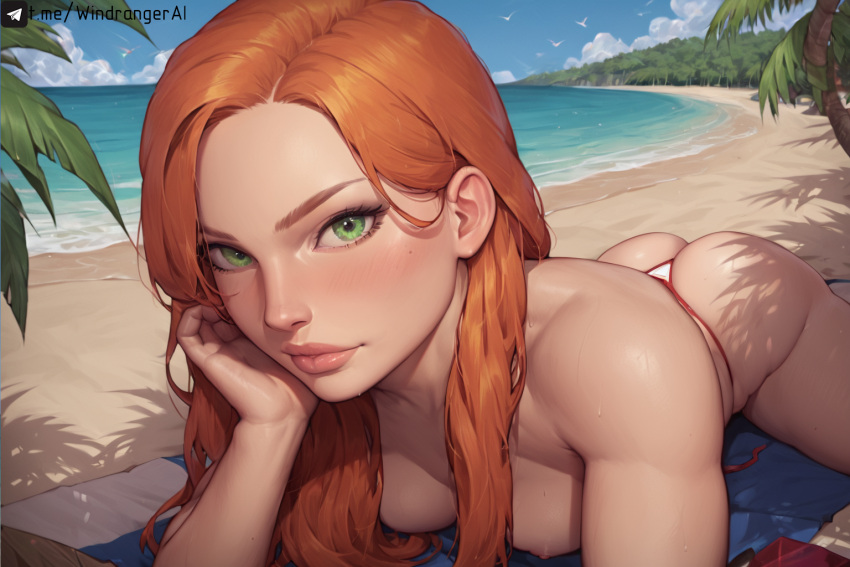 1girls ai_generated beach breasts dota dota_2 green_eyes red_hair windranger windrangerai