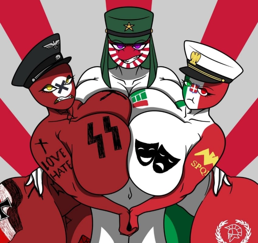 3girls angry angry_expression big_boobs big_breasts big_tits boobs boobs_bigger_than_head boobs_out breasts breasts_bigger_than_head breasts_out countryhumans countryhumans_girl ech0chamber fascism fascist_italy_(countryhumans) female female_only flag_background girls girls_only green_body green_skin iron_cross japanese_empire_(countryhumans) massive_boobs massive_breasts massive_tits military_hat multiple_girls naked navy_hat nazi nazi_germany_(countryhumans) red_background red_body red_breasts red_skin tits tits_bigger_than_head tits_out white_body white_breasts