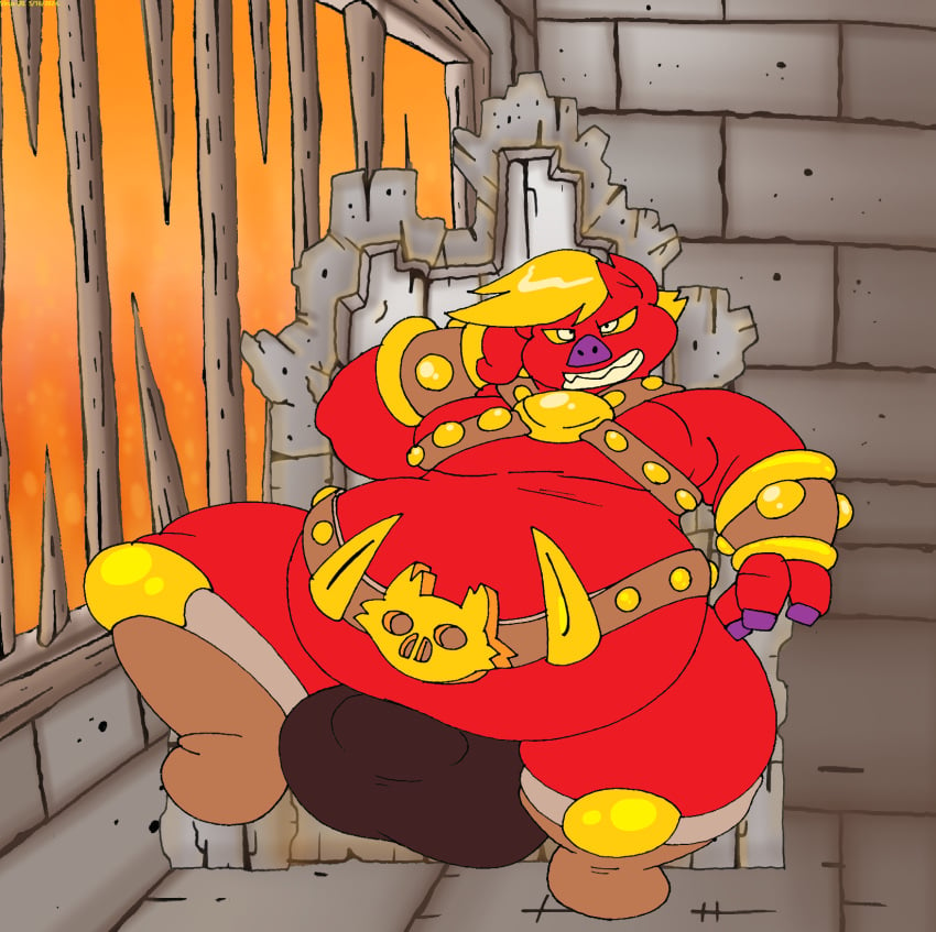 1boy anthro ass belt big_moobs blonde_hair boots breasts bulge furry hips large_ass large_bulge large_moobs male male_focus male_only moobs mostly_nude mostly_nude_male overweight overweight_male pig prince_npc red_body swine thick_thighs thighs throne throne_room virus-20 wide_hips yellow_sclera