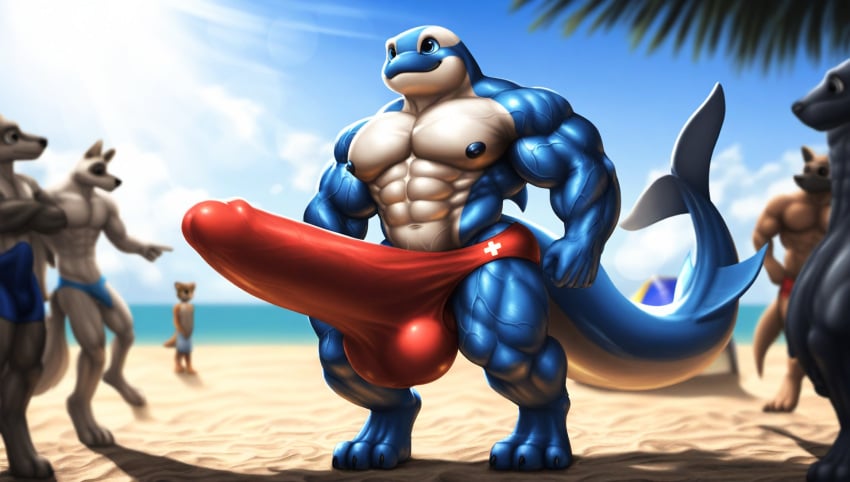 abs ai_generated almost_nude anthro anthro_only barely_contained barely_contained_penis beach being_watched biceps big_tail blue_eyes blue_sky bodybuilder casual_erection crowd cute_face detailed digitigrade erection hyper hyper_balls hyper_bulge hyper_genitalia hyper_muscles hyper_penis lifeguard muscle_tone nai_diffusion orca outdoors pectorals penis_outline proud proud_of_his_cock public sand shiny_skin solo_focus speedo speedo_only sunlight veiny veiny_muscles veiny_penis young