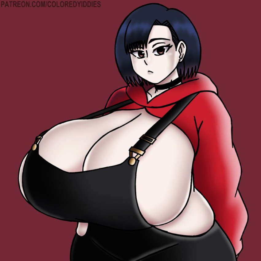 big_breasts big_breasts black_overalls coloredyiddies lei_(coloredyiddies) pose pulled_up_shirt red_sweater red_sweatshirt