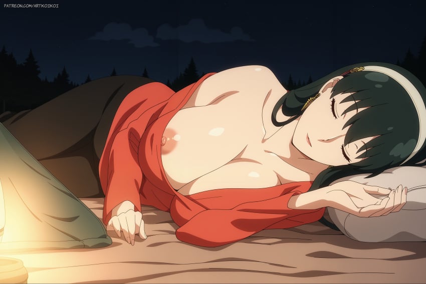 1girls ai_assisted ai_generated artkoikoi black_hair breasts closed_eyes clothing earrings female female_only human koikoi large_breasts mature night one_nipple_out red_eyes sleeping solo spy_x_family yor_briar yor_forger