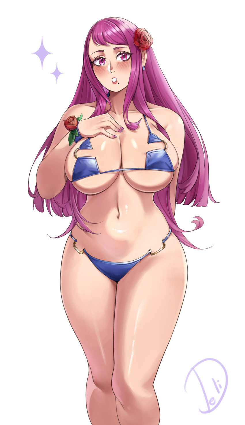 1girls :o absurdres alternate_costume bare_shoulders bikini blue_bikini blue_swimsuit blush breasts cleavage deliciousbra deliciousbrain feet_out_of_frame female female female_only fire_emblem fire_emblem_engage highres ivy_(fire_emblem) large_breasts long_hair looking_at_viewer mole mole_under_mouth navel nintendo pink_eyes purple_eyes purple_hair sideboob simple_background skindentation solo standing stomach swimsuit thighs underboob very_long_hair white_background