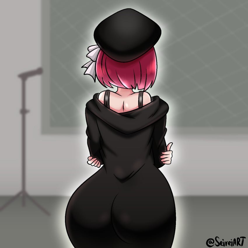 1girls arima_kana artist_name ass back_view black_dress canonical_scene clothed_female dat_ass hat light-skinned_female oshi_no_ko red_hair redraw seireiart solo solo_female watermark