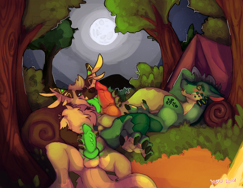 balls blush camping dirtyturquoise_(artist) dragon duo erection forest glowing glowing_bits glowing_penis keldric_usugi latiodile licking magnum_(latiodile) male night oral outside penis sitting sky sleeping tent tongue tongue_out tree yaoi