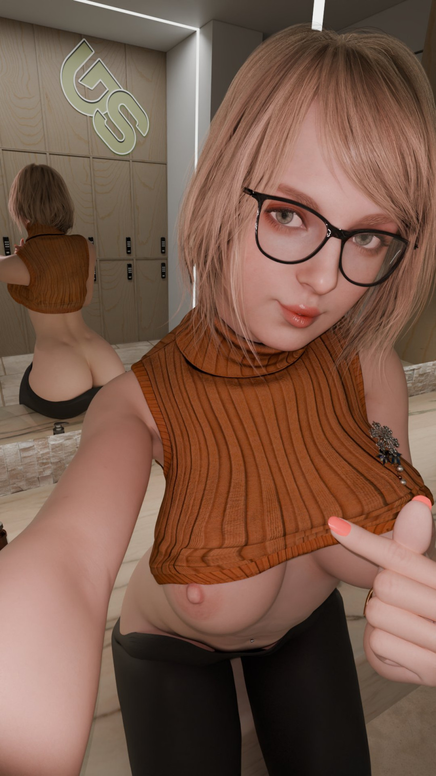 1girls 3d areolae ashley_graham ashley_graham_(ella_freya) ass blonde_hair breasts breasts_out exposed exposed_ass exposed_breasts eyeglasses female glasses grandmastersurgeon heart_fingers heart_symbol human light-skinned_female light_skin mirror navel_piercing nipples pants pants_down pose resident_evil resident_evil_4 resident_evil_4_remake self_upload selfie shirt_up solo straight_hair sweater_up