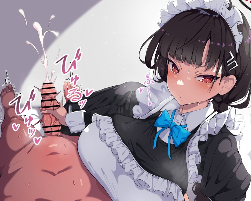 1boy alternate_costume apron bar_censor barefoot black_hair blue_archive blush breasts censored cum ejaculation enmaided female frills halo handjob highres large_breasts large_penis long_hair looking_at_viewer lying maid maid_apron maid_headdress on_back penis pov red_eyes rio_(blue_archive) straight sweat yamamoto_seishiro
