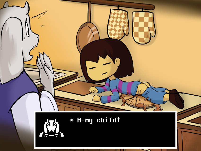 age_difference anthro ass boss_monster caprine clothed clothing duo female food food_penetration food_play frisk goat horn human human_focus mammal oven_mitts pie relatedguy solo_focus text toriel undertale video_games