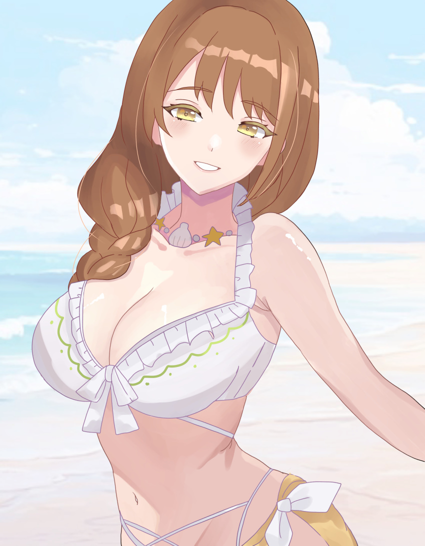 1girls alternate_costume armpits bangs bare_arms bare_midriff beach bikini braid braided_ponytail breasts brown_hair cleavage female female_only fire_emblem fire_emblem_engage fire_emblem_heroes goldmary_(fire_emblem) goldmary_(summer)_(fire_emblem) grin hair_over_shoulder large_breasts long_hair midriff n_54 navel necklace nintendo ocean official_alternate_costume outdoors sarong shell side_ponytail smile solo swimsuit white_bikini white_swimsuit yellow_eyes