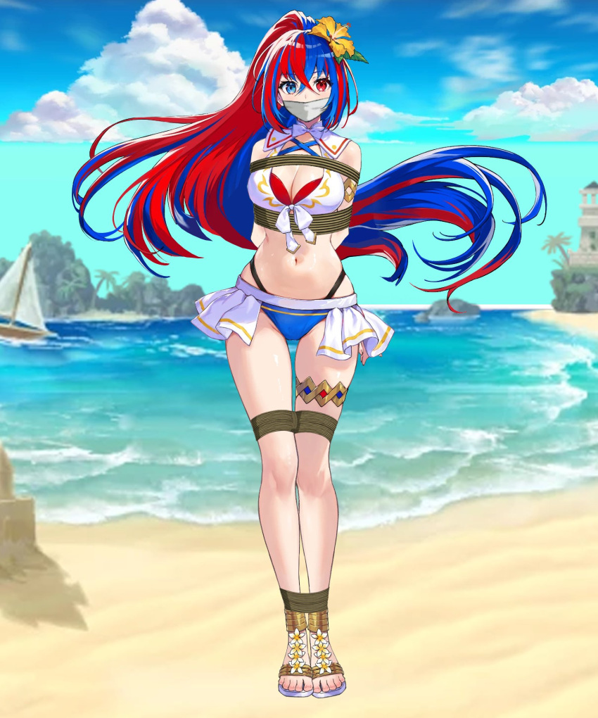 1girls alear_(female)_(fire_emblem) alear_(female)_(seaside_dragon)_(fire_emblem) alear_(fire_emblem) alternate_costume bikini bikini_bottom bikini_top blue_bikini blue_eyes blue_hair blue_swimsuit bondage bound cleavage edit female female_only femsub fire_emblem fire_emblem_engage fire_emblem_heroes gag gagged heterochromia kakizaki86 large_breasts long_hair multicolored_hair nintendo official_alternate_costume over_the_mouth_gag ponytail red_bikini red_eyes red_hair red_swimsuit rope white_bikini white_swimsuit