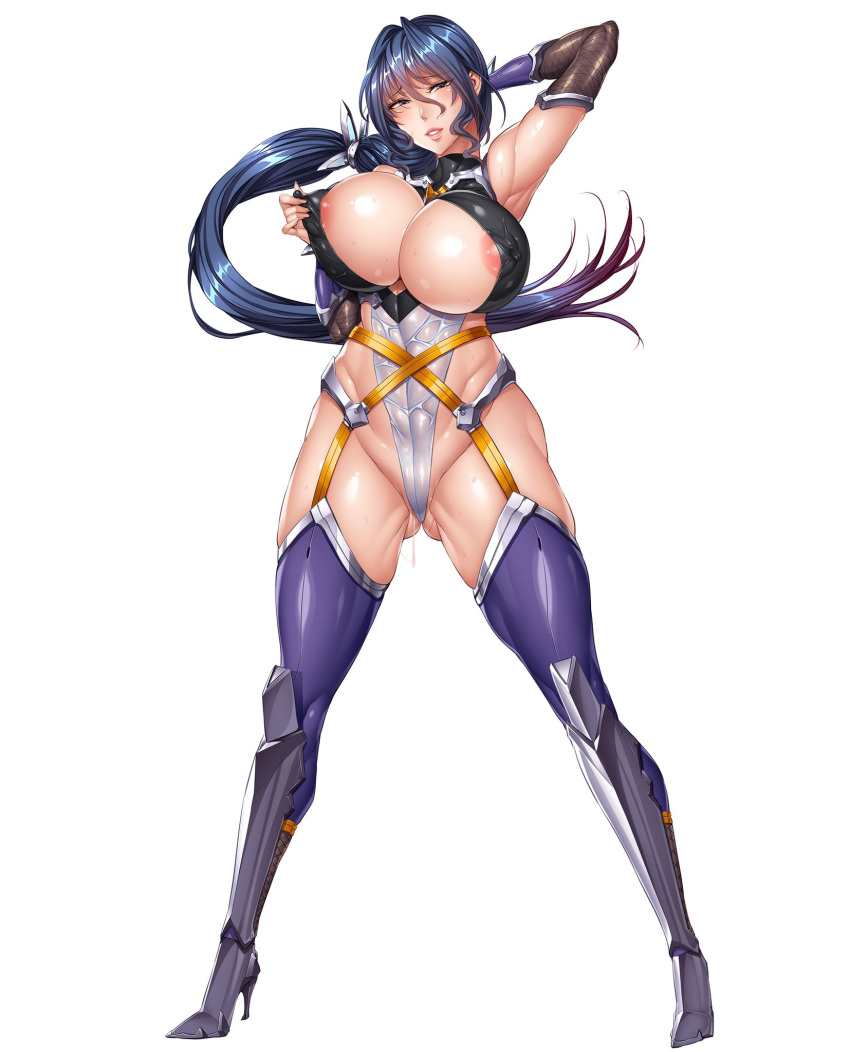 1girls blue_hair blush bodysuit breast_grab breasts curvy erect_nipples fei_(maidoll) female front_view full_body grabbing highleg highleg_leotard huge_breasts leotard long_hair milf official_art partially_visible_vulva ponytail pussy_juice shiny shiny_skin simple_background smile standing sweat taimanin_asagi_battle_arena thong_leotard uehara_rin voluptuous white_background