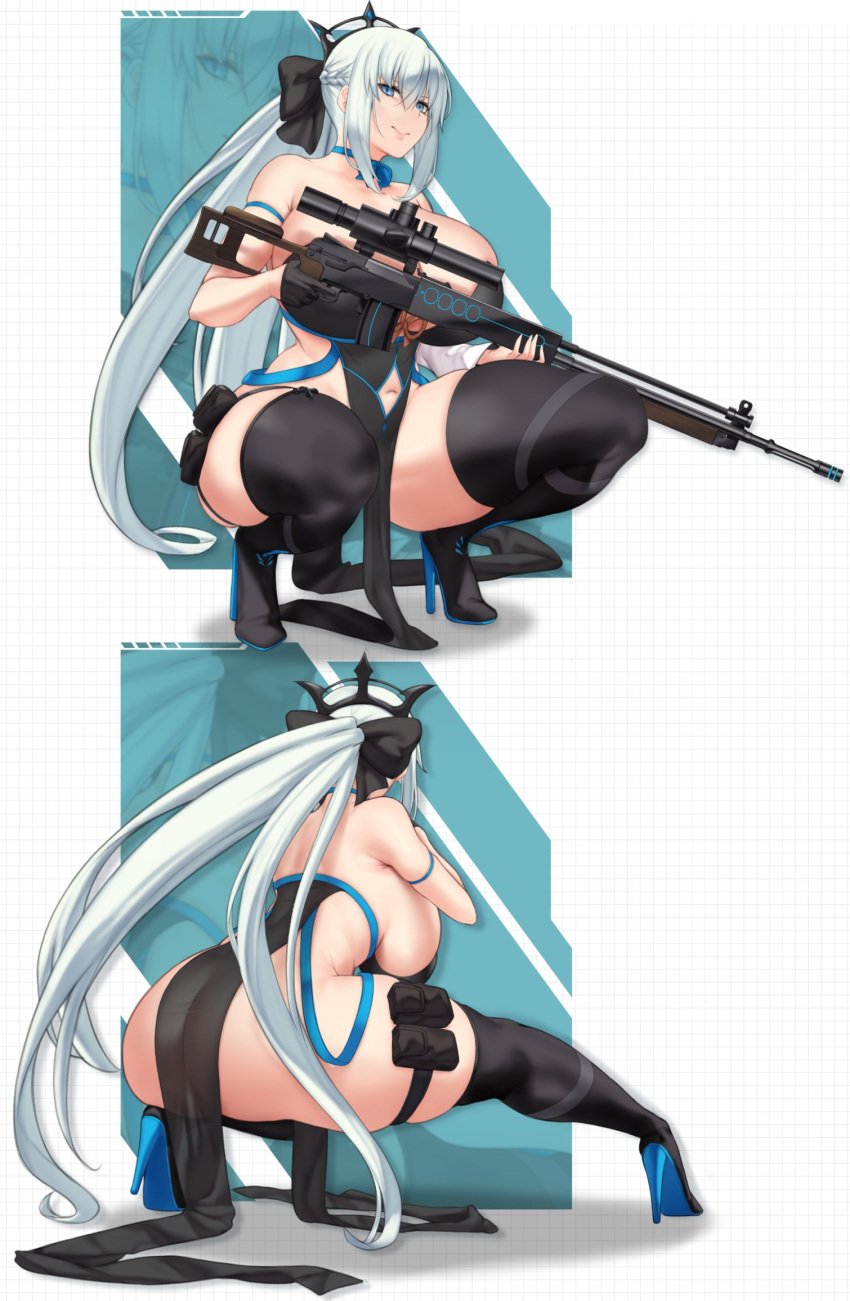 1girls ass ass_focus aster_crowley backboob big_breasts blue_eyes breasts crossover dress fate/grand_order fate_(series) female from_behind goddess_of_victory:_nikke gun high_heel_boots high_heels holding_weapon huge_breasts long_hair looking_at_viewer morgan_le_fay_(fate) ponytail revealing_clothes sniper solo squatting thick_thighs thigh_boots thighhighs tied_hair very_long_hair white_hair