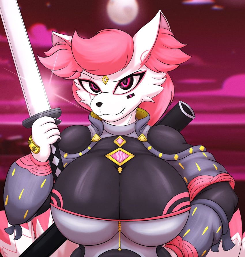 anthro big_breasts fang fortnite fox holding_weapon katana kimiko_(fortnite) kitsune looking_at_viewer melee_weapon moon nightlyflare sheath sword