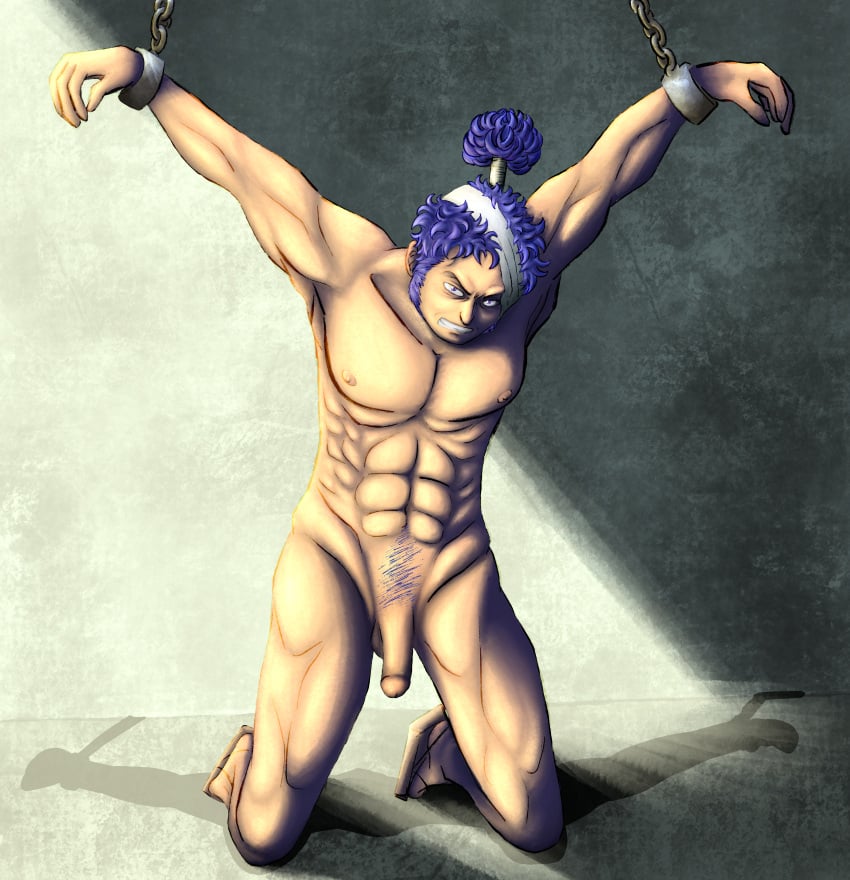 1boy abs absurd_res absurdres angry bare_chest blue_hair captured chained chains circumcised flaccid flaccid_cock flaccid_penis fully_nude glaring high_resolution highres imprisoned japanese kneeling kneeling_on_ground large_pectorals male male_focus male_only muscles muscular muscular_arms muscular_legs muscular_male muscular_thighs naked naked_male naked_with_shoes_on nipples nude on_knees one_piece pecs penis prisoner pubic_hair purple_eyes purple_hair shackled shackles shimotsuki_ushimaru shiny_skin snarling solo_focus topknot ushimaru_(one_piece) wano_country