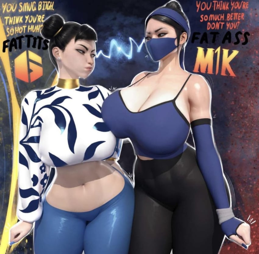 2girls arguing asian asian_female big_breasts big_butt chun-li dialogue female female_only huge_breasts kitana mortal_kombat popogori street_fighter_6 voluptuous voluptuous_female