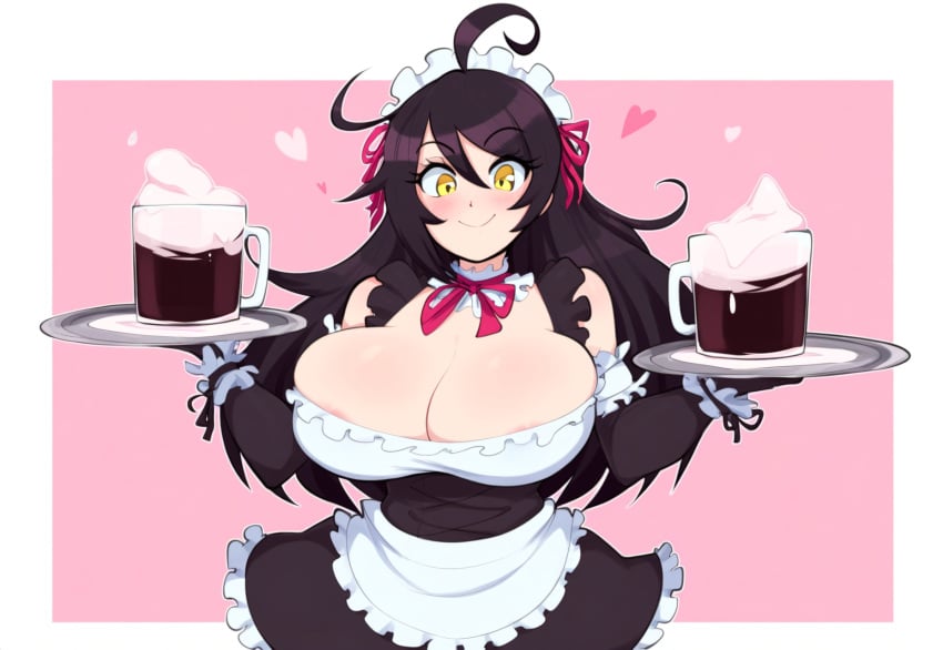 ai_generated amber_eyes apron big_breasts black_hair black_stockings breasts cleavage dark_hair holding_tray huge_boobs huge_breasts long_hair maid maid_headdress maid_outfit milkshake mullon novelai sorceress sorceress_sophia thick_thighs villainess white_gloves