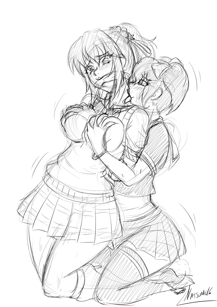 2girls artist_signature bound breasts female_only gagged groping groping_breasts kurono_kurumu licking licking_another licking_neck miniskirt monochrome natsumemetalsonic rosario+vampire school_uniform shuzen_kokoa sketch skirt thighhighs wide_hips yuri