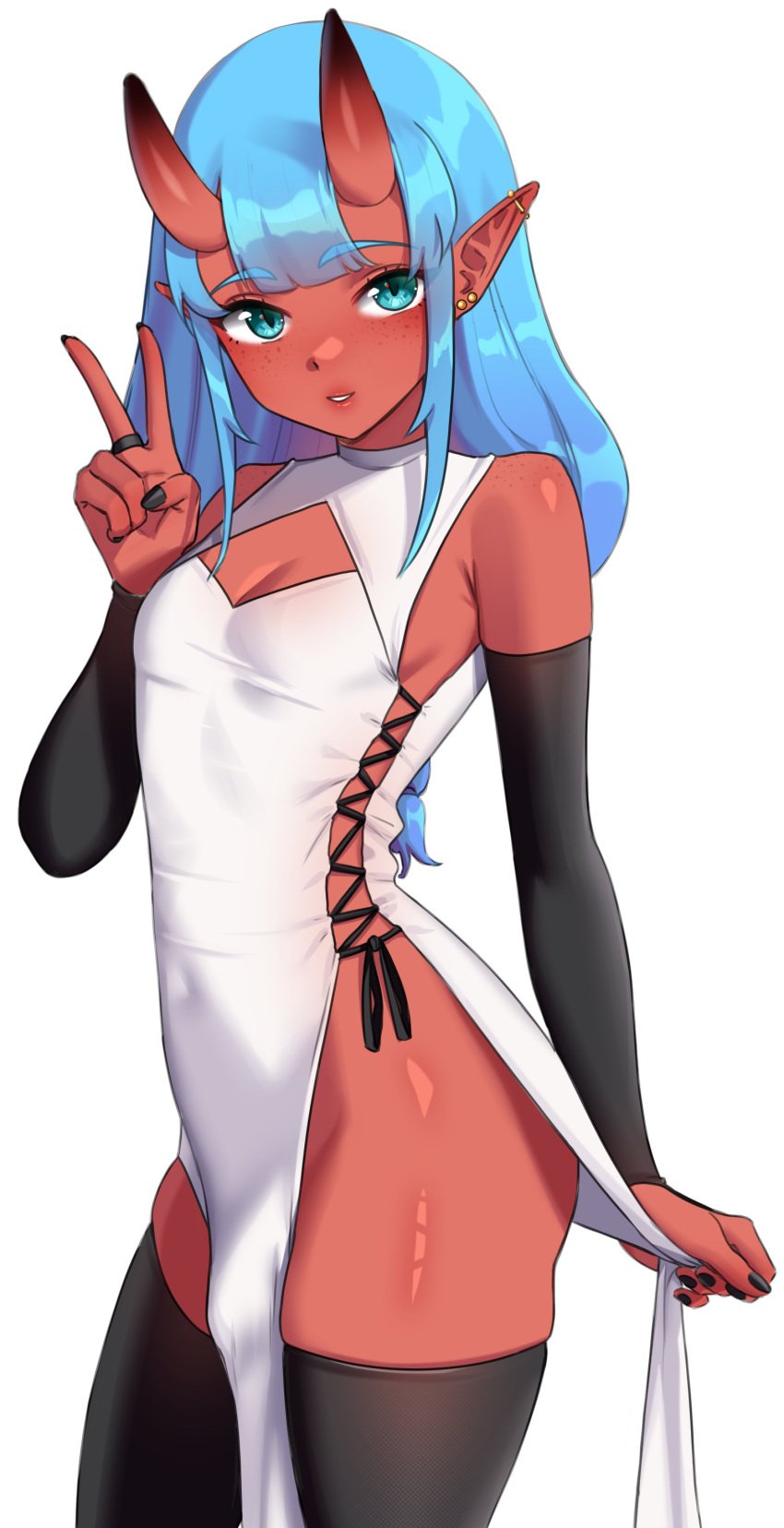 1futa aqua_eyes arm_sleeves black_armwear black_thighhighs blue_hair bulge clothed clothing djwhiteboooty dress ear_piercing elbow_gloves flaccid flat_chest freckles fully_clothed futa_only futanari gloves humanoid long_hair oni oni_horns pelvic_curtain pointy_ears red_skin slit_pupils solo standing sui_(suikisses) thick_thighs thighhighs v_sign very_high_resolution white_background white_dress wide_hips