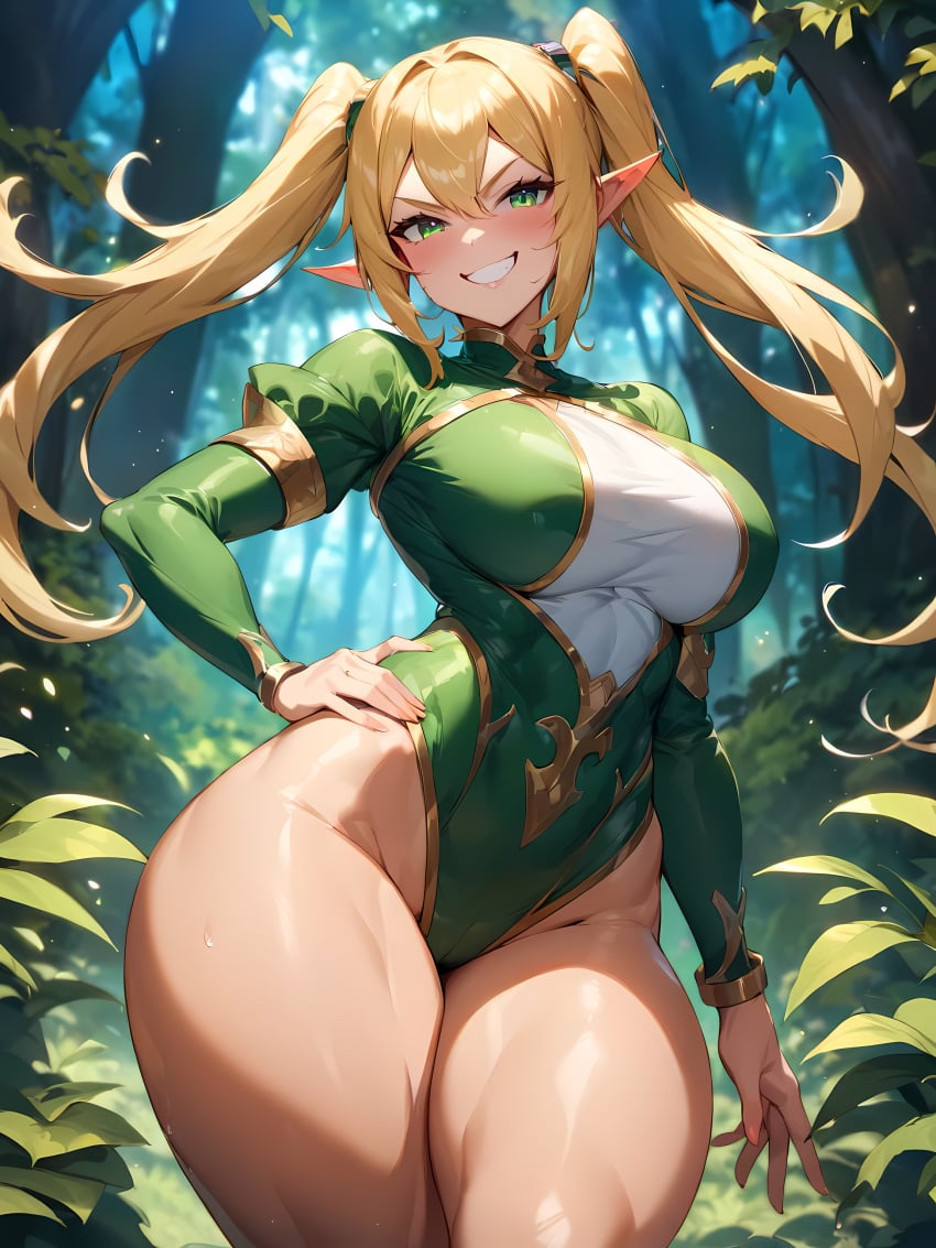 1girls ai_generated arrogant blonde_hair blush boobs breasts clothed clothed_female clothing curvaceous curves curvy curvy_body curvy_female curvy_figure curvy_hips elf elf_ears elf_female eyebrows eyelashes female female_only forest green_eyes grin hand_on_hip hips legs legs_together light-skinned_female light_skin looking_at_viewer outdoor outdoors outside pale-skinned_female pale_skin pointy_ears solo solo_female standing thick_thighs thighs tight_clothing tight_fit twintails