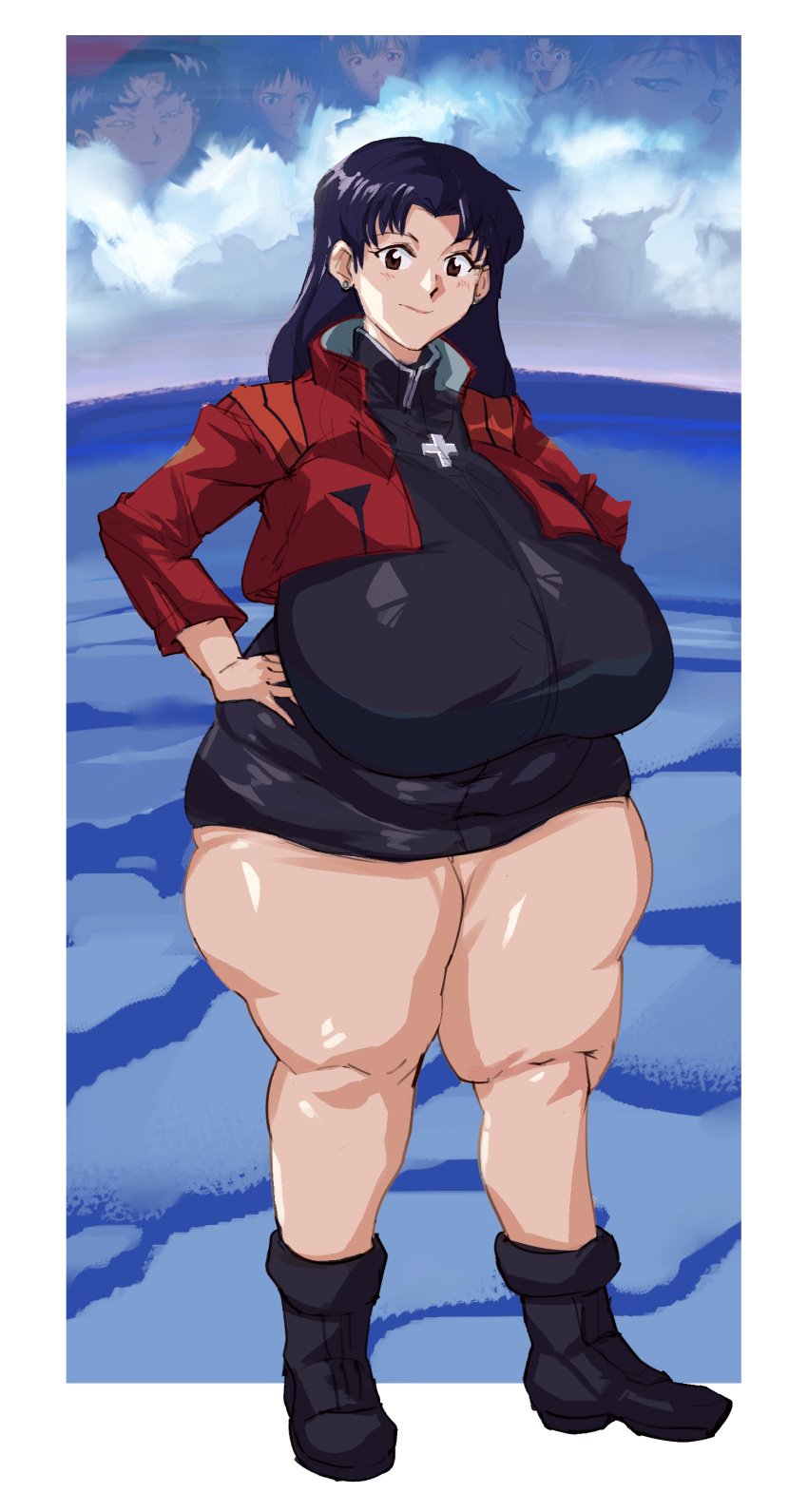 1girls bamboo_ale breasts fat female huge_breasts human light-skinned_female light_skin misato_katsuragi neon_genesis_evangelion obese rei_ayanami shinji_ikari thick_thighs thighs