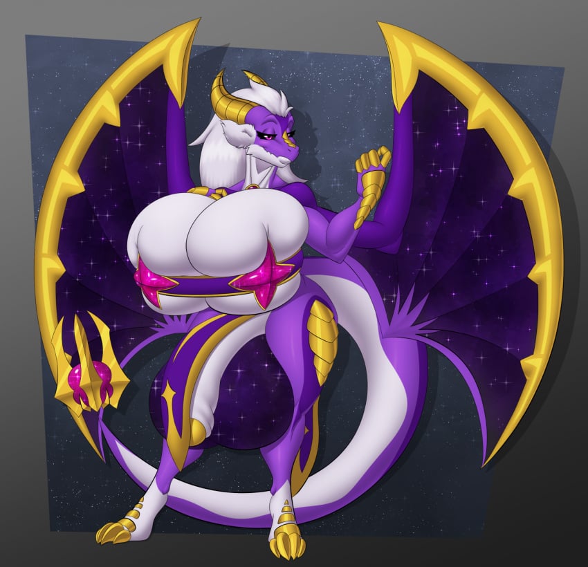 anthro balls big_balls big_breasts big_penis breasts clothing cosmic_balls cosmic_wings darkshasion_(artist) dragon galaxius_(ayameawoo) genitals herm hi_res huge_balls huge_breasts huge_cock intersex muffin_top mythological_creature mythological_scalie mythology penis scalie solo thick_thighs tight_clothing