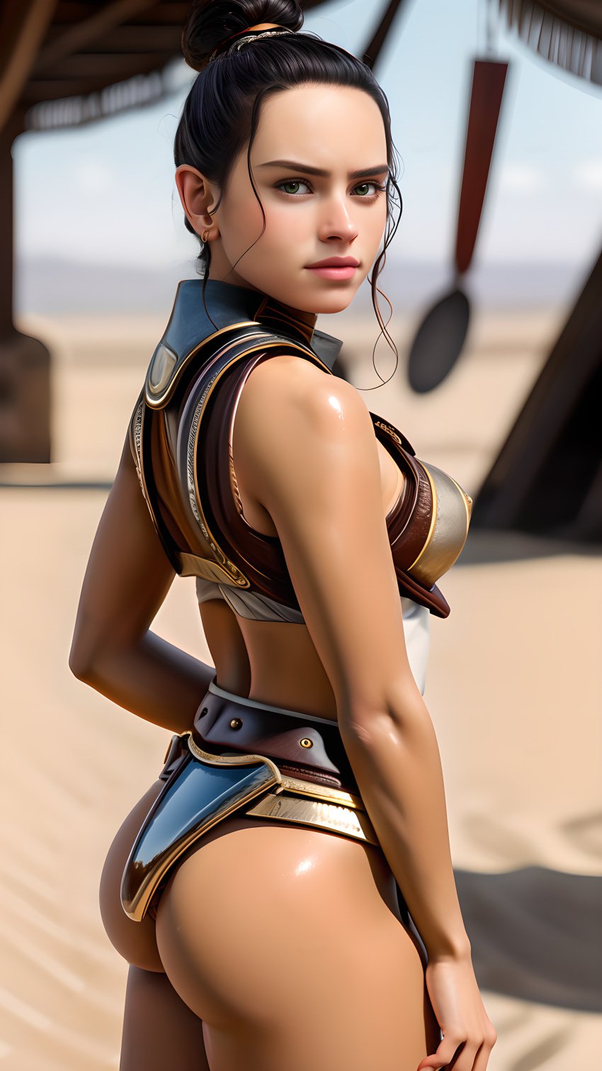 ai_generated armor athletic_female big_ass blurry_background blush brown_hair bun_hair clothed desert green_eyes highres jakku looking_at_viewer nsfw plump_ass rey round_ass small_breasts stable_diffusion star_wars