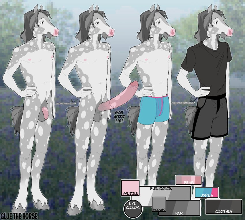 absurd_res alternate_costume anthro equid equine erection flaccid genitals glue_(irradiatedpiratebooty) hi_res horse hybrid_genitalia hybrid_penis irradiatedpiratebooty male mammal model_sheet penis reference_image solo