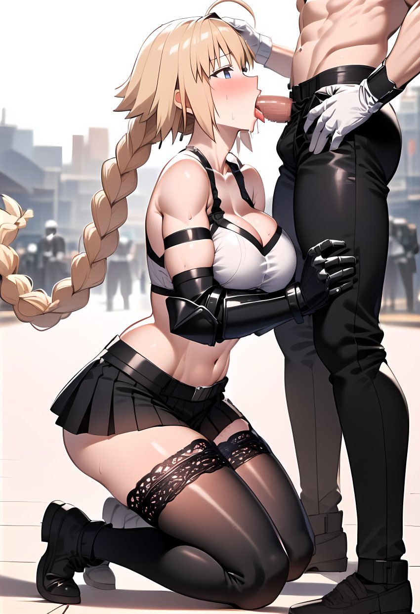 1boy 1boy1girl 1girls ai_generated armwear athletic_female athletic_male big_breasts black_armwear black_legwear black_skirt blonde_hair blowjob blush cleavage clothed clothed_female clothed_sex clothing crop_top dick duo_focus fate/apocrypha fate_(series) fellatio final_fantasy final_fantasy_vii final_fantasy_vii_remake gauntlets gloves hand_on_head head_out_of_frame jeanne_d'arc_(fate) jeanne_d'arc_(fate)_(all) kneeling kneeling_female kneeling_oral_position legwear light-skinned_female light-skinned_male long_hair midriff oral outdoors pleated_skirt public public_sex side_view single_braid skindentation skirt square_enix standing standing_male stockings sweat thighhighs tifa_lockhart_(cosplay) toned toned_female toned_male tongue_out type-moon vambraces white_gloves white_shirt white_topwear