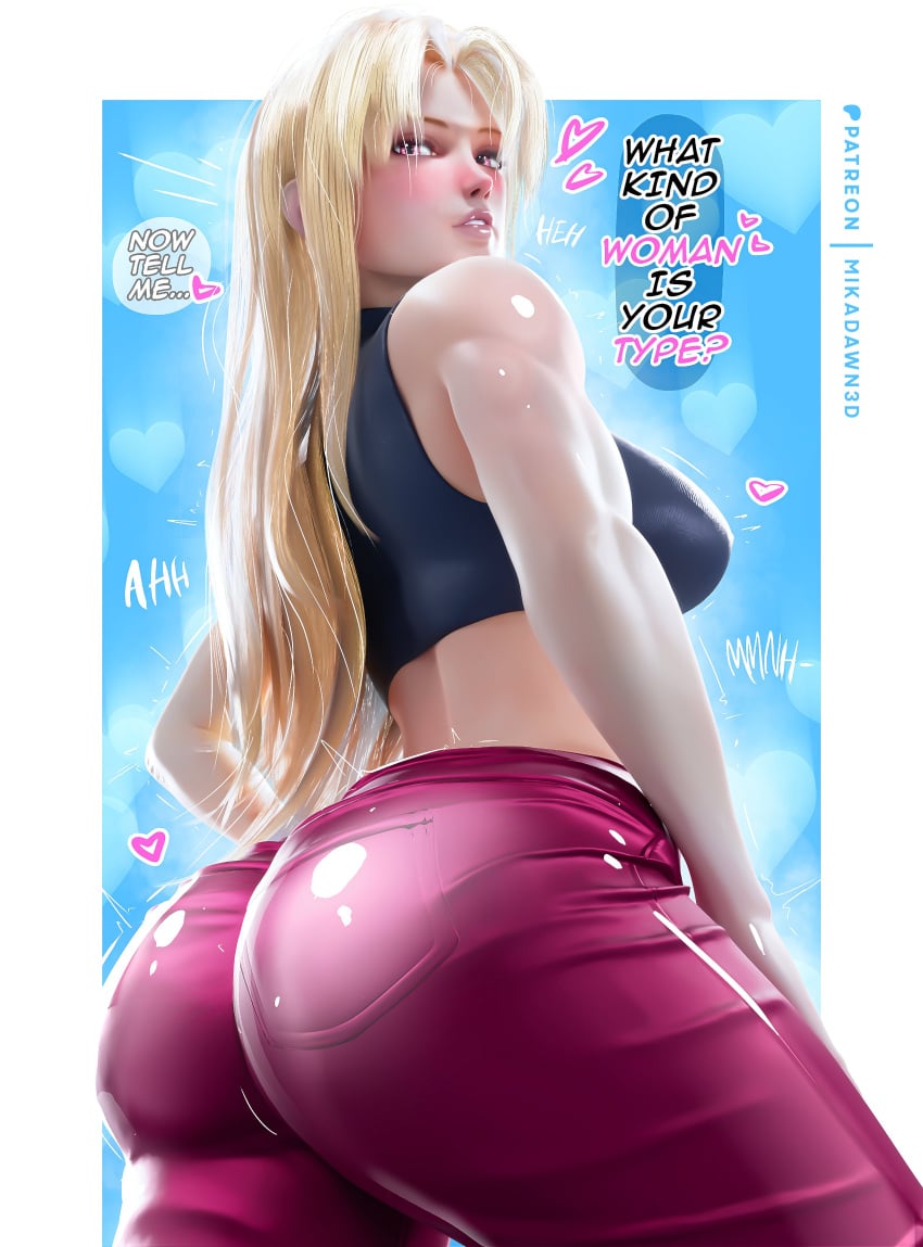 1girls 2d 2d_(artwork) 3d alternate_version_available ass biceps big_ass big_breasts blonde_hair blush breasts bubble_butt crop_top curvy curvy_female jeans jujutsu_kaisen light-skinned_female lip_gloss lipstick long_hair looking_at_viewer mikadawn muscular_female onomatopoeia pink_eyes shiny_clothes shiny_skin slim_waist solo speech_bubble tagme talking_to_viewer tank_top thick_thighs tight_clothing tremble_spikes wide_hips yuki_tsukumo