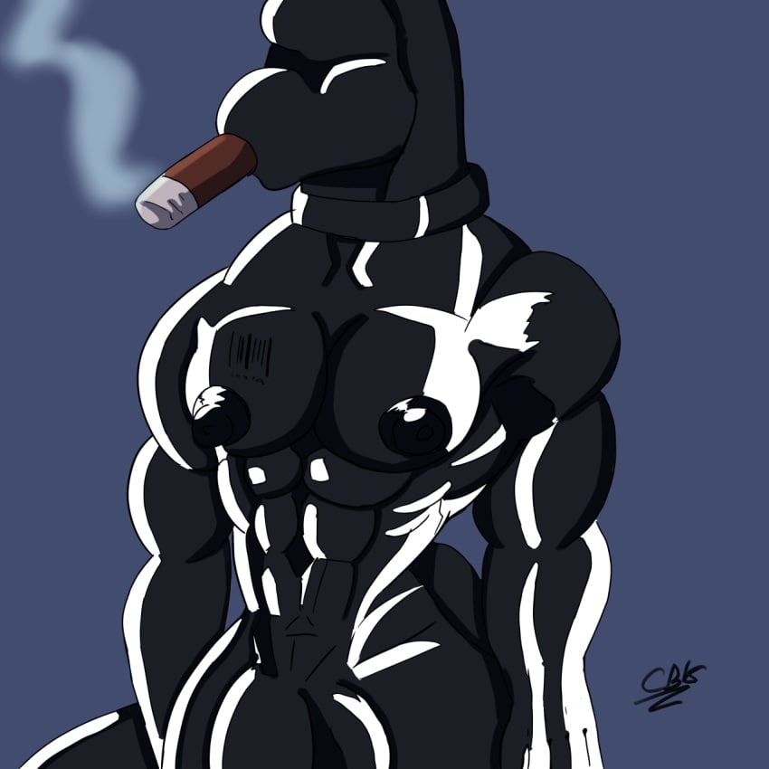 2018 anthro czyhyena dinosaur drone male nipples nude penis rubber shiny simple_background smoke smoking solo transformation