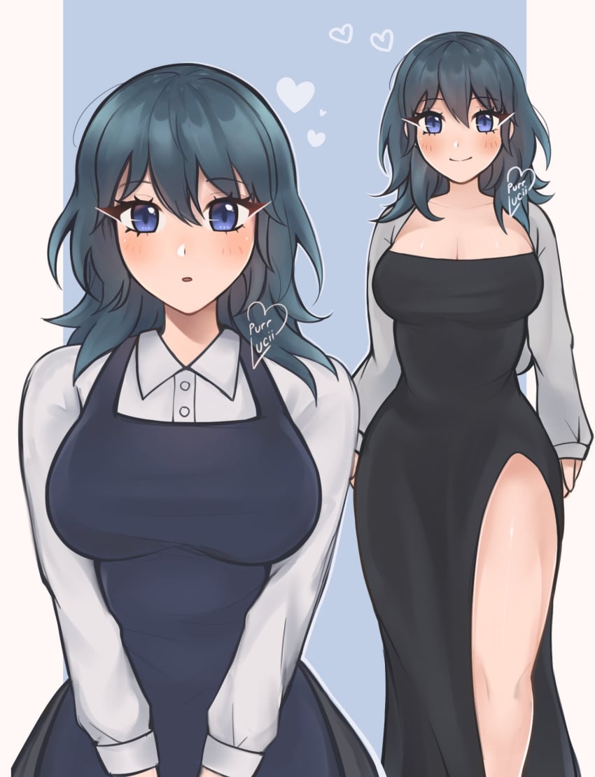 1girls alternate_costume black_dress blue_dress blue_eyes blue_hair breasts byleth_(fire_emblem) byleth_(fire_emblem)_(female) dress female female_only fire_emblem fire_emblem:_three_houses heart highres large_breasts long_hair looking_at_viewer multiple_views nintendo open_clothes parted_lips purrlucii shirt side_slit smile standing thighs upper_body white_shirt