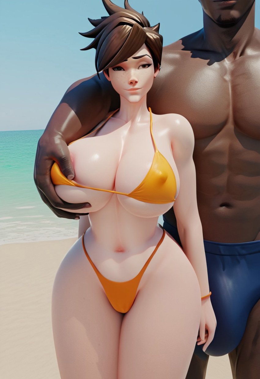 1boy 1girls ai_generated beach big_breasts big_bulge bikini curvy dark-skinned_male erection_under_clothes fit grabbing_from_behind gripping huge_breasts huge_bulge interracial narrow_waist overwatch overwatch_2 tagme tracer