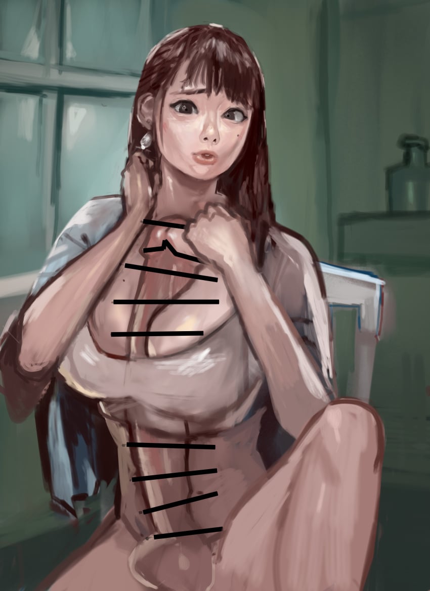 1futa absurd_res autopaizuri autopaizuri_under_clothes balls bangs bar_censor bottomless breasts brown_eyes brown_hair censored clothed clothing earrings erection futa_only futanari hi_res huge_cock human hyper_penis kmaro light-skinned_futanari light_skin long_hair looking_at_viewer masturbation partially_clothed penis penis_between_breasts solo