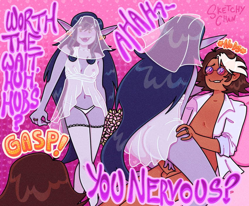 adventure_time cowgirl_position fionna_and_cake first_time marceline marceline_abadeer marceline_the_vampire_queen nervous nervous_face nervous_sweat pinup simon_petrikov sketchventures wedding_dress wedding_lingerie wedding_night wedding_ring wedding_veil