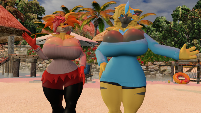 2girls aurora_(nbanoob) big_breasts breasts cleavage delphox female furry huge_breasts mystical_phox nintendo pokemon pokemon_(species) thick_thighs wide_hips zeraora