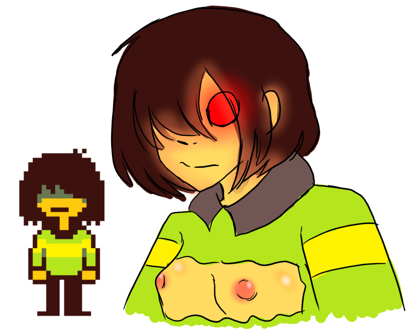 1other breast_cutout breasts brown_hair deltarune evil_eyes female green_shirt kris_(deltarune) kris_(light_world_form) presenting red_eyes solo two_tone_clothing undertale_(series) yellow_shirt yellow_skin