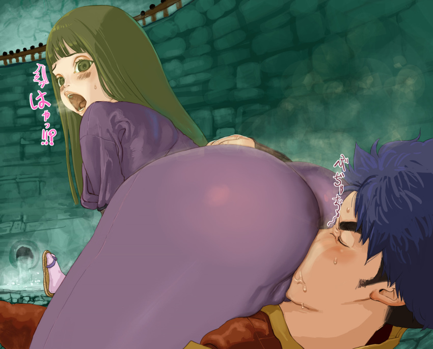 1girls breasts duo fart female female_on_top green_eyes green_hair huge_ass japanese_text long_hair male moaning mugen_no_ossan purple_clothes sitting source_request thick_thighs translation_request wide_hips