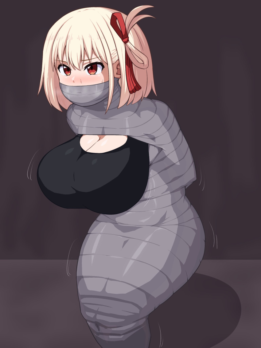 1girls blonde-haired_female blonde_female blonde_hair bob_cut bondage bound breasts breasts_out cleavage gag gagged gagged_female huge_breasts lycoris_recoil mummification mummification_(bound) mummified nishikigi_chisato okra_sticky red_eyes short_hair solo struggling sweat tape tape_bondage tape_gag taped_arms taped_legs wrapped wrapped_arms wrapped_legs wrapped_up