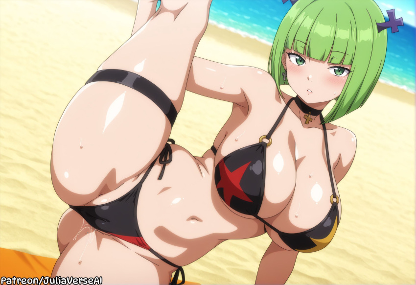 ai_generated beach bikini black_bikini black_choker blunt_bangs blush brandish_mew breasts choker cleavage collarbone cross fairy_tail female green_eyes green_hair juliaverseai large_breasts leg_up looking_at_viewer meitabuu navel ocean outdoors pussy_juice sand shore short_hair side-tie_bikini_bottom solo split sweat swimsuit thigh_strap