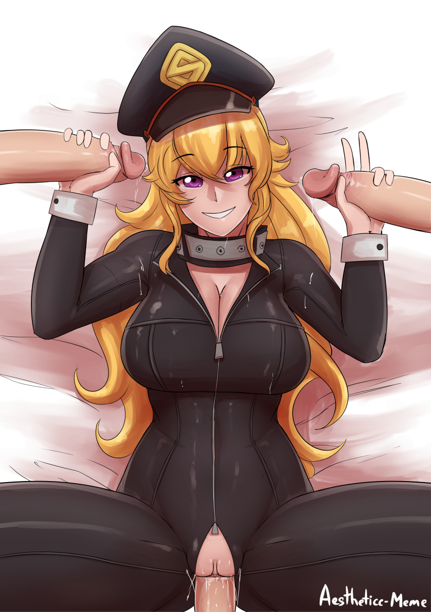 1girls 3boys absurdres aestheticc-meme ahoge blonde_hair breasts camie_utsushimi_(cosplay) cleavage cosplay double_handjob female gangbang handjob hat hero_outfit_(mha) my_hero_academia on_back penis pussy rwby sex shiketsu_high_school_cap spread_legs tight_clothing utsushimi_camie_(cosplay) vaginal_penetration wrist_cuffs yang_xiao_long