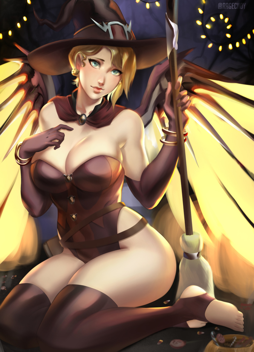 alternate_costume big_breasts breasts cleavage female female_only kneeling large_breasts looking_at_viewer mercy overwatch pinup ragecndy solo thighhighs witch_mercy