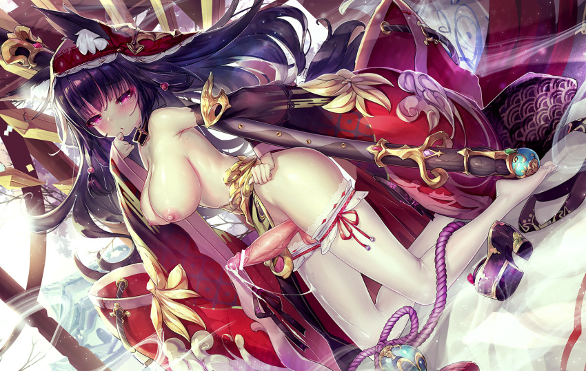 animal_ears blush breasts censored cum dk_senie erect_nipples futa_only futanari intersex long_hair nipples original penis pink_eyes purple_hair sword thighhighs weapon