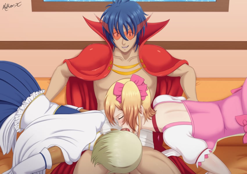 1boy 2girls aoi_sekai_no_chuushin_de blonde_hair clothing collaborative_fellatio crossover dark-skinned_female dark_skin double_fellatio fellatio ffm_threesome gear_(aoi_sekai_no_chuushin_de) gloves hajimete_no_gal indoors kamina kamina_(cosplay) light-skinned_female light-skinned_male light_skin madoka_kaname_(cosplay) malkiorx miki_sayaka_(cosplay) multiple_girls oral puella_magi_madoka_magica ranko_honjou teamwork tengen_toppa_gurren_lagann threesome white_gloves yame_yukana