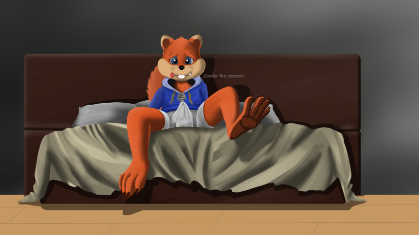 bed bed_sheet bedding boxers_(clothing) clothing conker conker's_bad_fur_day conker_the_squirrel cum hoodie male male_only mammal pants precum rodent solo squirrel tent underwear video_games wet