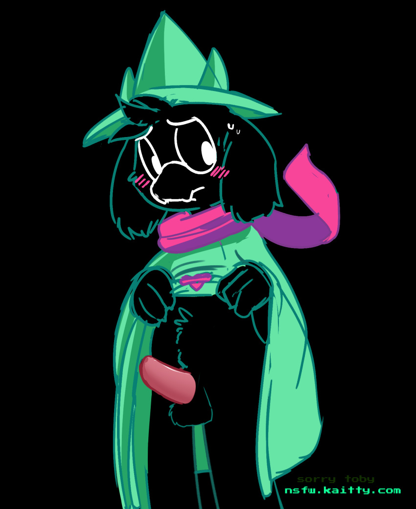 1boy anthro balls black_fur blush clothing_lift cute deltarune erection fur hat hi_res kaittycat male male_only nude penis ralsei ralsei_with_black_fur scarf simple_background solo standing tapering_penis undertale_(series) wholesome