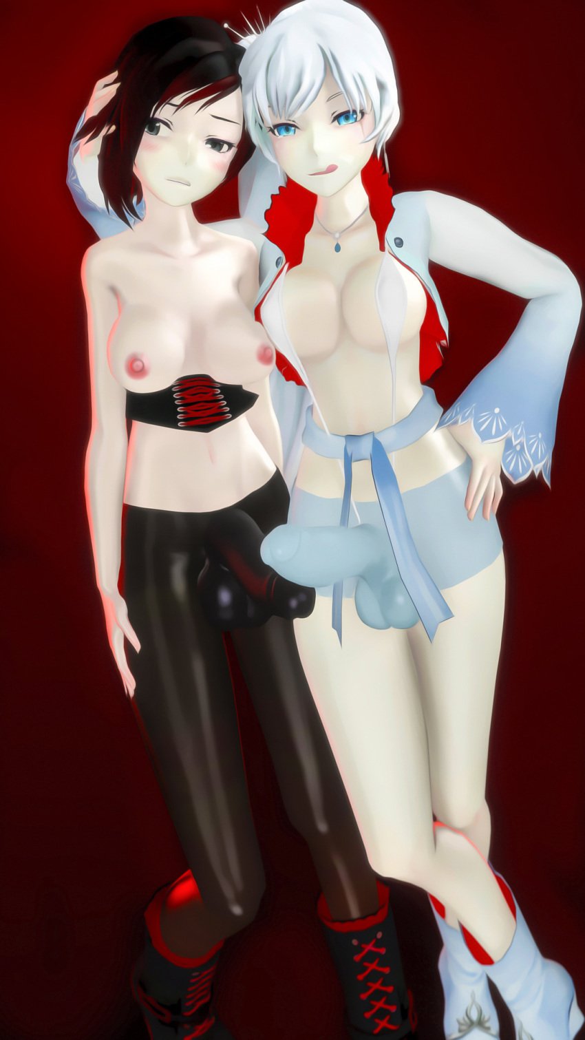 3d areolae black_hair black_hair_bottom breasts dickgirl domination erection futa_only futanari intersex light_hair_on_dark_hair looking_at_viewer mitrild-sfm nipples penis ruby_rose rwby source_filmmaker weiss_schnee white_hair white_hair_on_black_hair white_hair_top