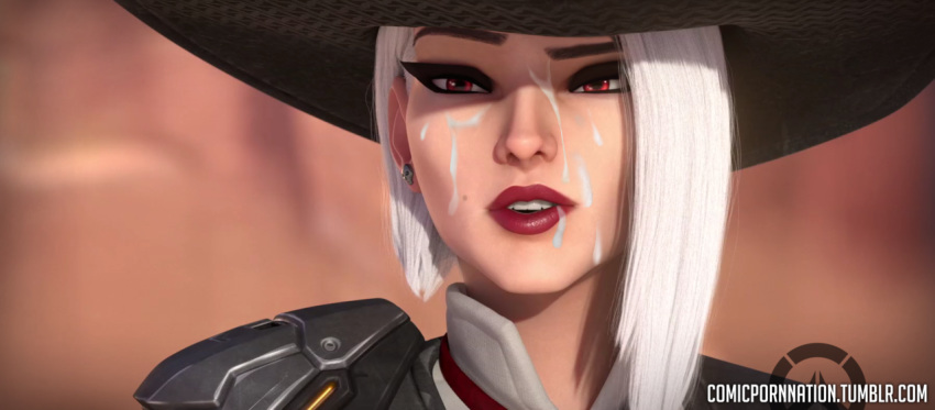 1girls 3d ashe_(overwatch) comicpornnation cowboy_hat cowgirl cum cum_on_face cumshot edit female female_only mole_above_mouth overwatch photoshop red_eyes solo squirting white_hair