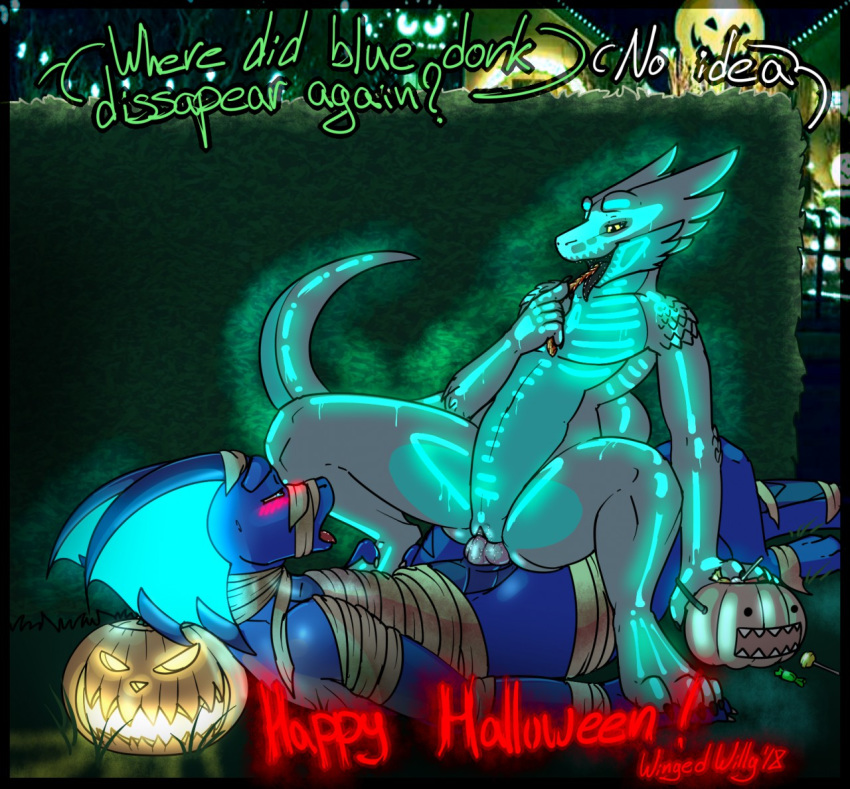 anthro bound cowgirl_position cuntboy cuntboy/male dragon drayk_dagger english_text flay glowing halloween holidays intersex intersex/male male sex text wingedwilly