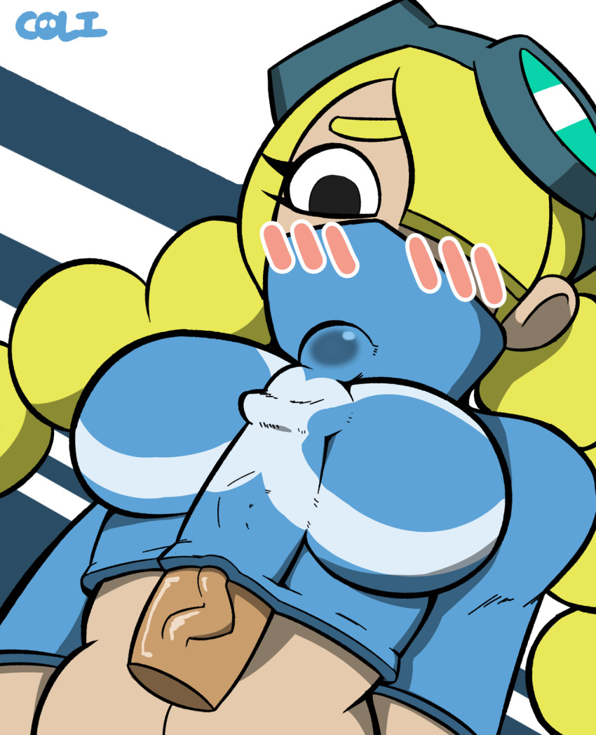 blonde_hair coli cum ejaculation_between_breasts hair_over_one_eye jet_(lethal_league) lethal_league paizuri paizuri_under_clothes