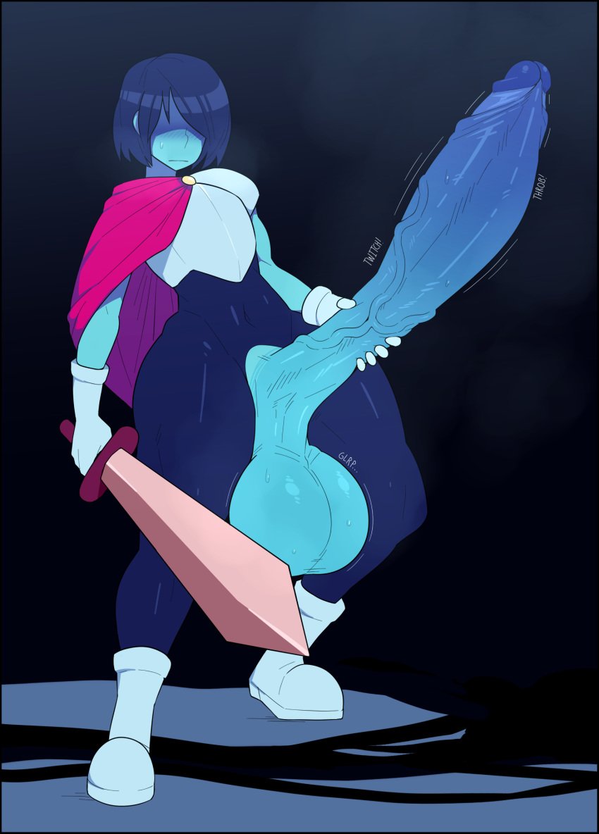 1boy balls balls_to_knees ballsack big_veins blue_hair blue_penis blue_skin blush cape cloak club_shaped_penis crossdressing cutout dangling_testicles deltarune erection foreskin foreskin_folds frenulum full_body fully_retracted_foreskin glans hair_over_one_eye holding_penis holding_sword holding_weapon humanoid hung_trap hyper hyper_balls hyper_penis intact kris_(deltarune) kris_male_(deltarune) long_penis low_hanging_balls male male_only masturbation medium_hair musk navel octoboy onomatopoeia penis penis_hold penis_out penis_sweat presenting_penis sagging_balls scrotum solo steamy_breath sweatdrop sweaty_balls sword testicles thick_thighs throbbing toony trap uncut undertale undertale_(series) vein veiny_penis weapon wide_hips